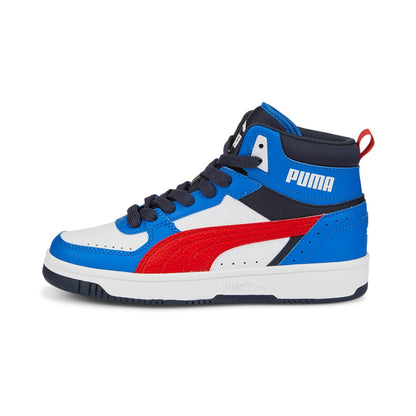 Puma Sneakers alta da ragazzo Rebound JOY Jr 388447 04 White-Burnt Red-Victoria Blue-Parisian Night