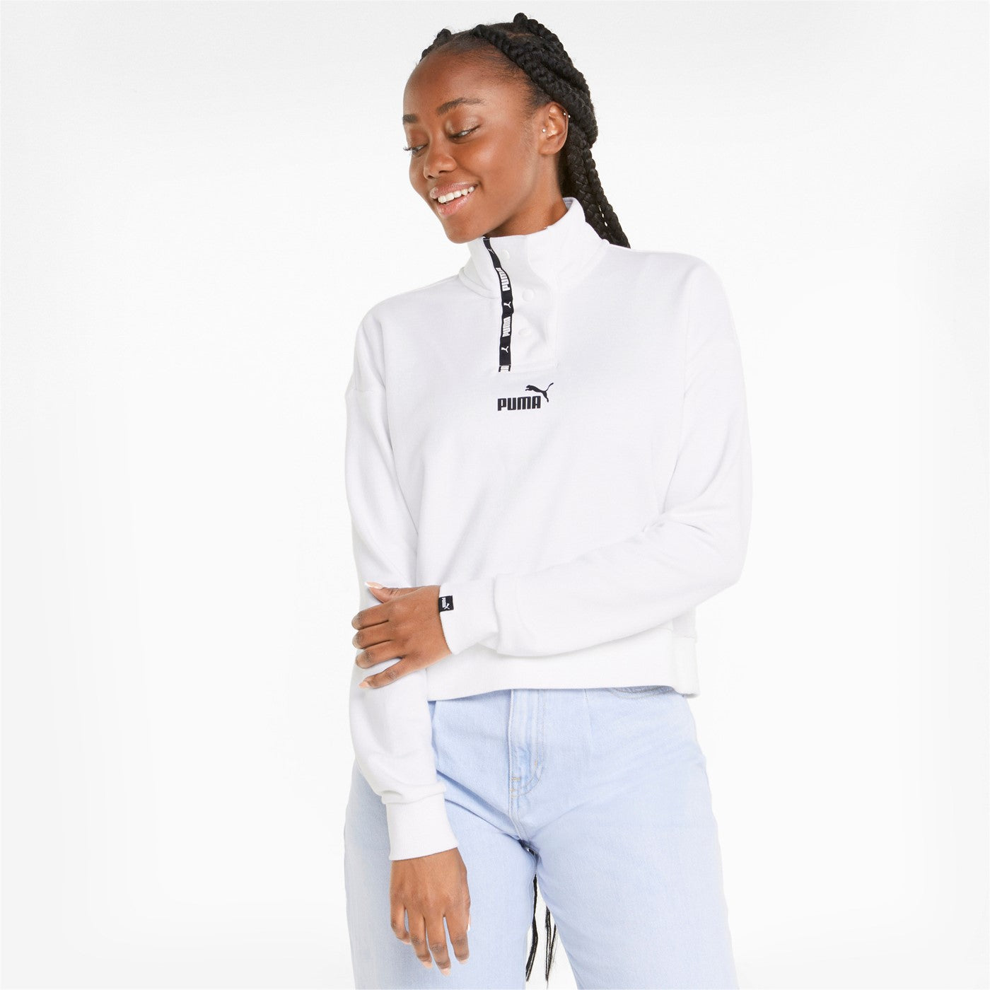 Puma felpa da donna con mezza abbottonatura Power Tape Crew 847124-02 bianco