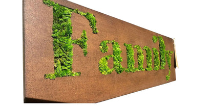 Quadro in Muschio Stabilizzato con Scritta FAMILY Rettangolare – 40x18 cm | Decorazione Verde