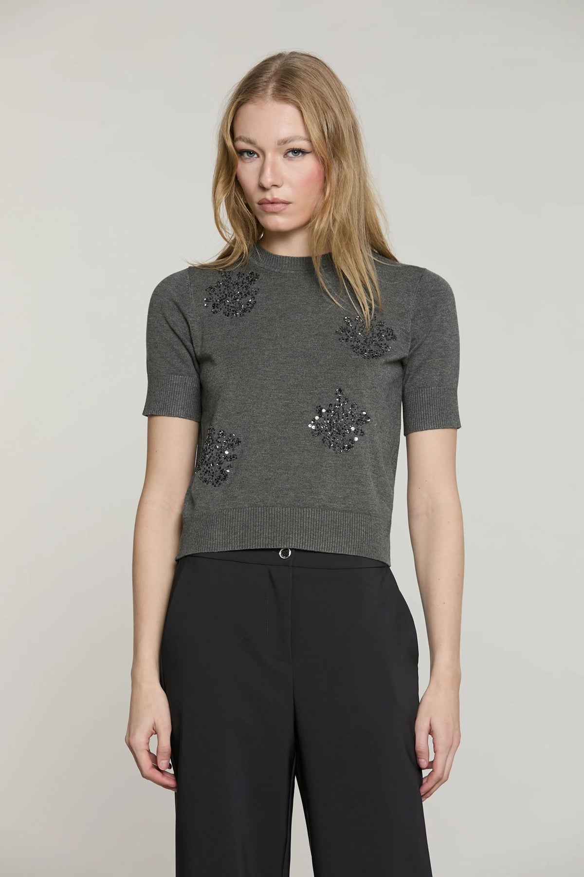 Relish Maccione RDA2602054044 Donna Grigio - Maglia Paillettes Mezza Manica