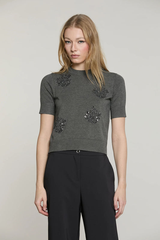 Relish Maccione RDA2602054044 Donna Grigio - Maglia Paillettes Mezza Manica