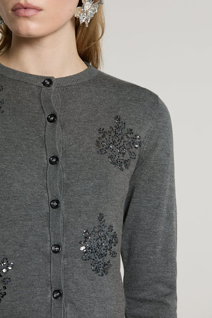 Relish Cardigan SILVANI manica lunga girocollo con ricamo paillettes più baguette RDA2602054045 grigio