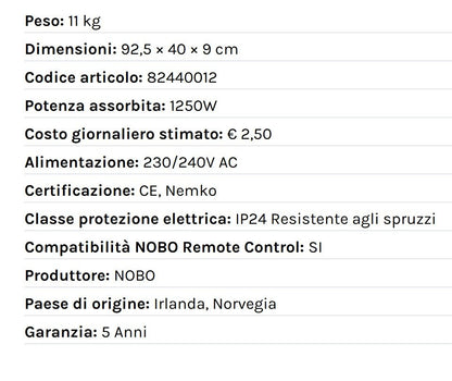 Radiatore elettrico norvegese NOBO 1250W perfetto per ambienti fino a 25 m², riscaldamento uniforme ed ecologico.