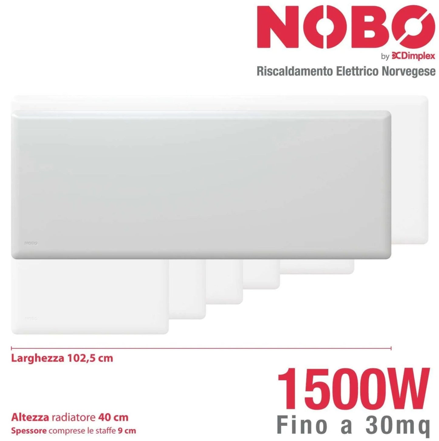 Radiatore elettrico norvegese NOBO 1500W perfetto per ambienti fino a 30 m², riscaldamento uniforme ed ecologico.