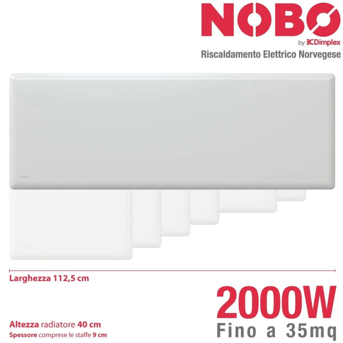 Radiatore elettrico norvegese NOBO 2000W perfetto per ambienti fino a 35 m², riscaldamento uniforme ed ecologico.