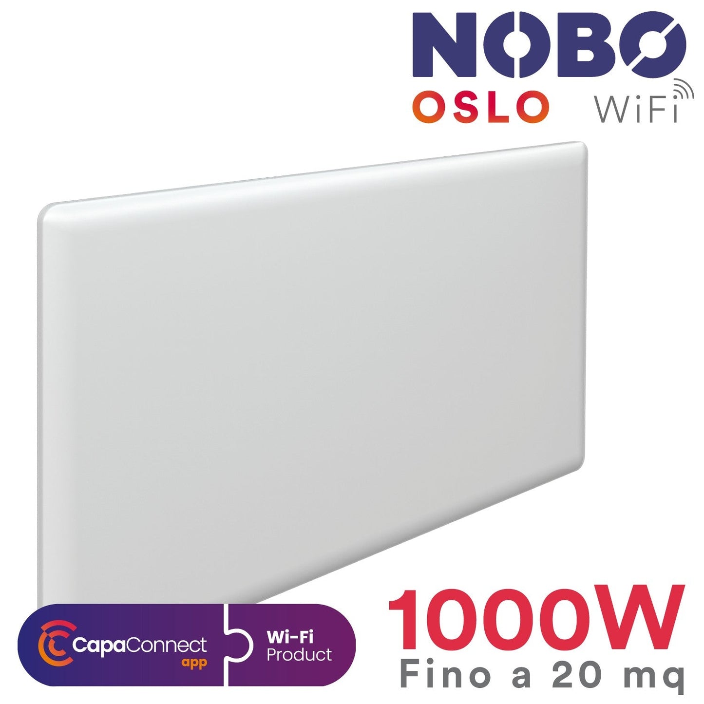 Radiatore elettrico norvegese NOBO OSLO WiFi 1000W perfetto per ambienti fino a 20 m², riscaldamento uniforme ed ecologico.