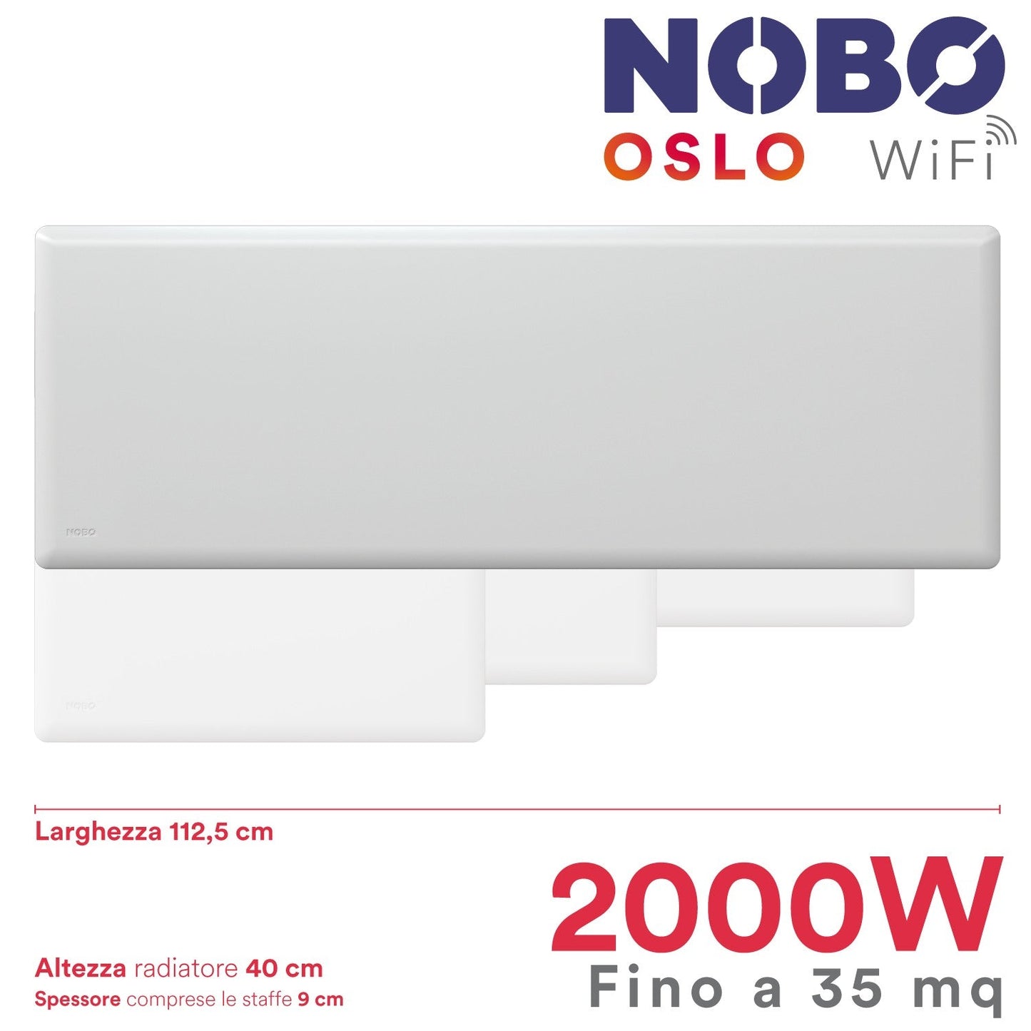 Radiatore elettrico norvegese NOBO OSLO WiFi 2000W perfetto per ambienti fino a 35 m², riscaldamento uniforme ed ecologico.