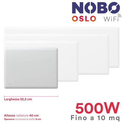 Radiatore elettrico norvegese NOBO OSLO WiFi 500W perfetto per ambienti fino a 10 m², riscaldamento uniforme ed ecologico.