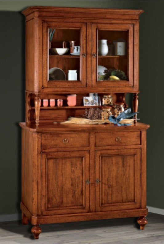 Klassischer Buffetschrank aus massivem Pappelholz mit Aufsatz und Glastüren