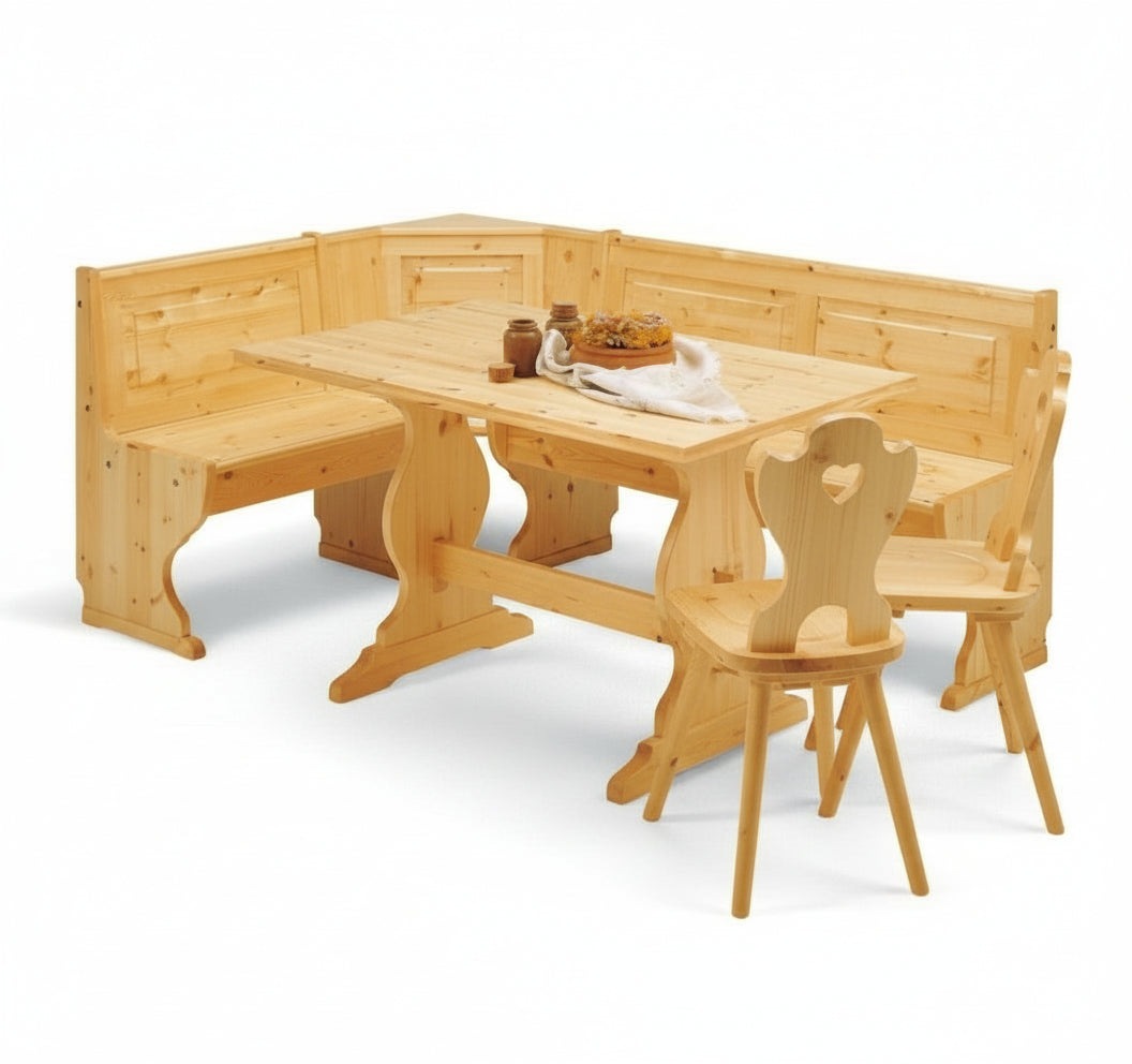 Angolo Panca 133x173 con Tavolo Fratino Fisso 130x80x3 e 3 Sedie con Cuore - Tinta Naturale