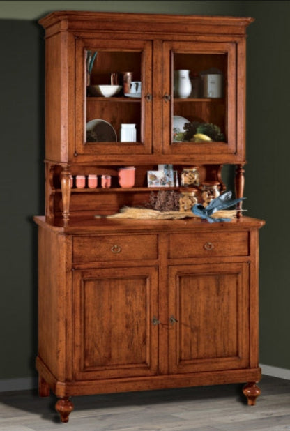 Credenza Classica in Legno Massello di Pioppo con Alzata e Ante in Vetro
