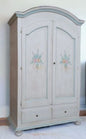 WHITE ANTIQUED ONION WOOD CABINET HAND-DECORATED WITH LIGHT BLUE STRIPE