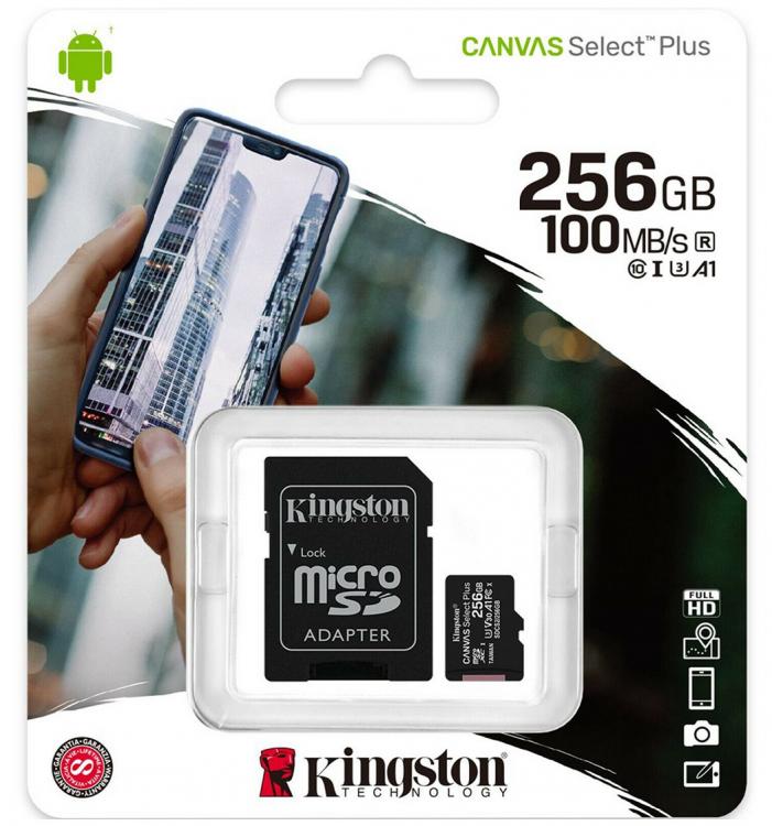 Kingston Micro SD 256GB + Adapter Canvas Plus SDCS2 Klasse 10 100MB/S