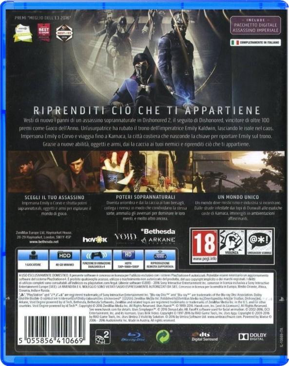 Dishonored 2 PS4 Game Italian Playstation 4 Video Game Multilingual New Italian