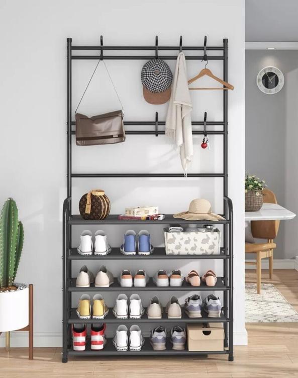 Hall Tree Coat Rack Shoe Bench 4 Tier Shelf Black Metal Stand