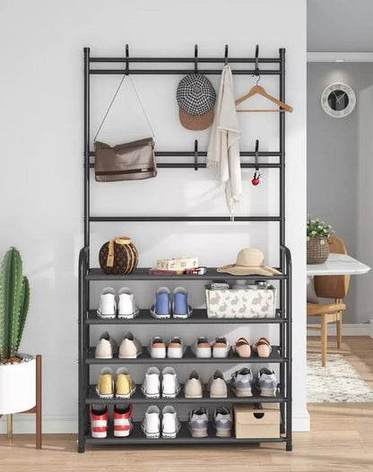 Hall Tree Coat Rack Shoe Bench 4 Tier Shelf Black Metal Stand