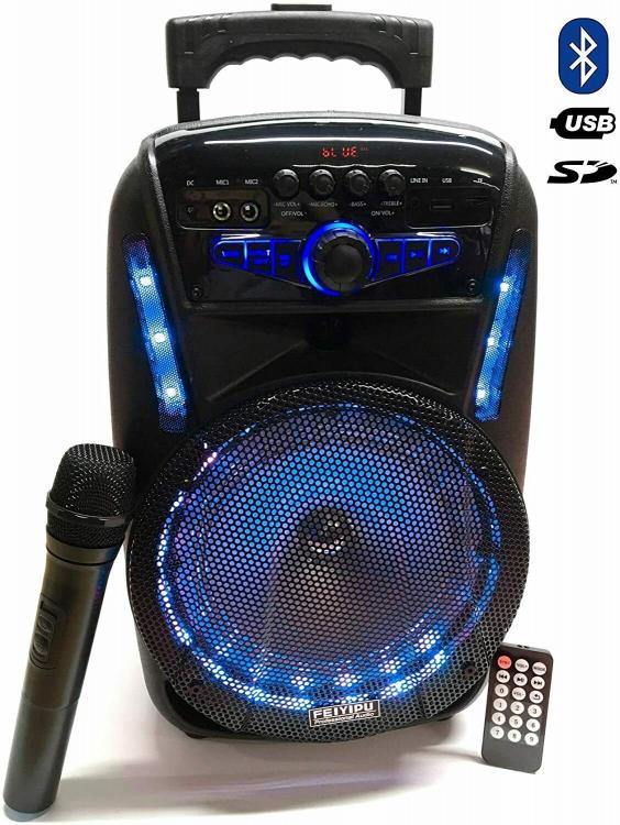 VERSTÄRKTER KARAOKE-LED-LAUTSPRECHER 300W PMPO BLUETOOTH USB SD MIKROFON UND FERNBEDIENUNG