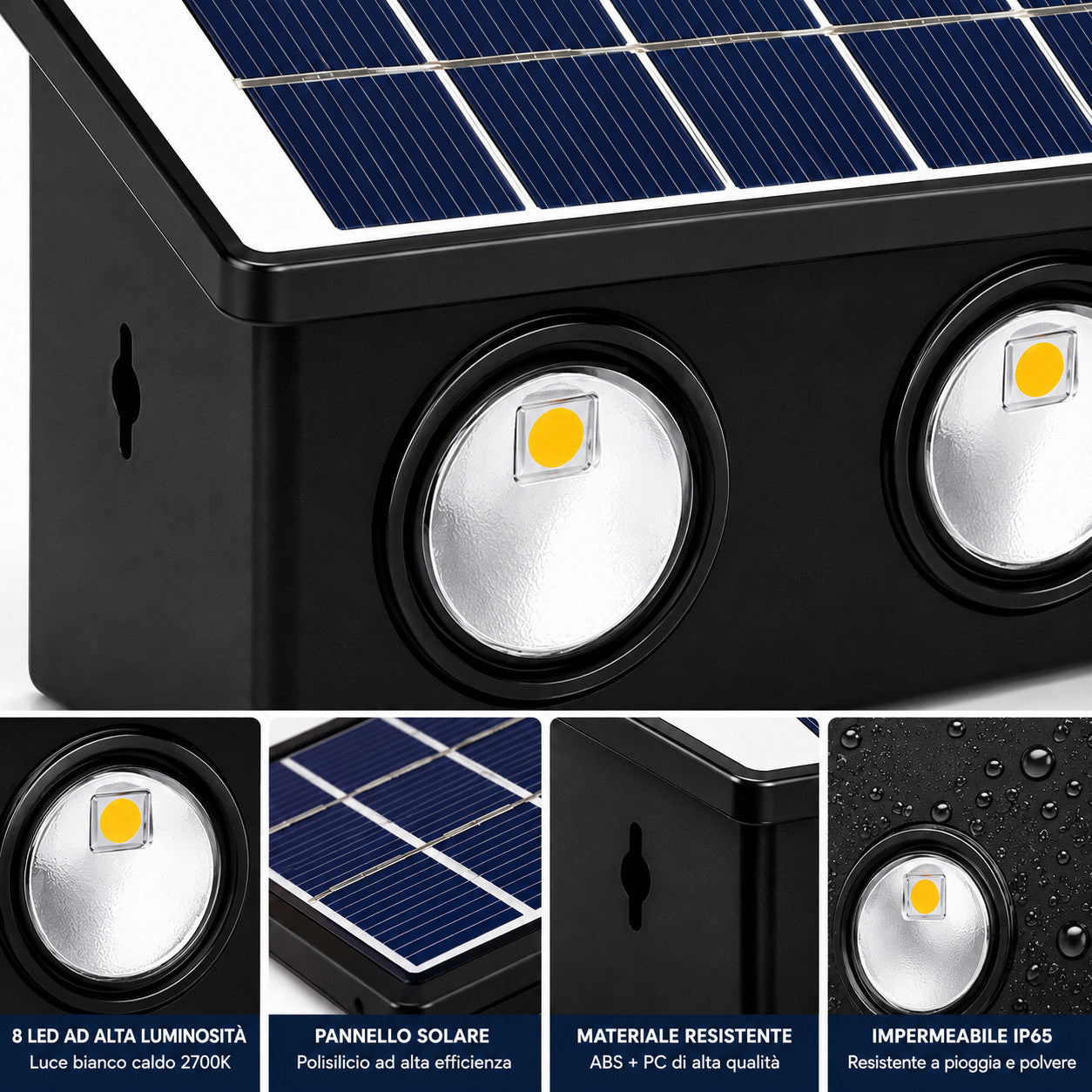 APPLIQUE LAMPADA 8 LED MURO PARETE SOLARE IP65 BIANCO CALDO GIARDINO TE-B0578*