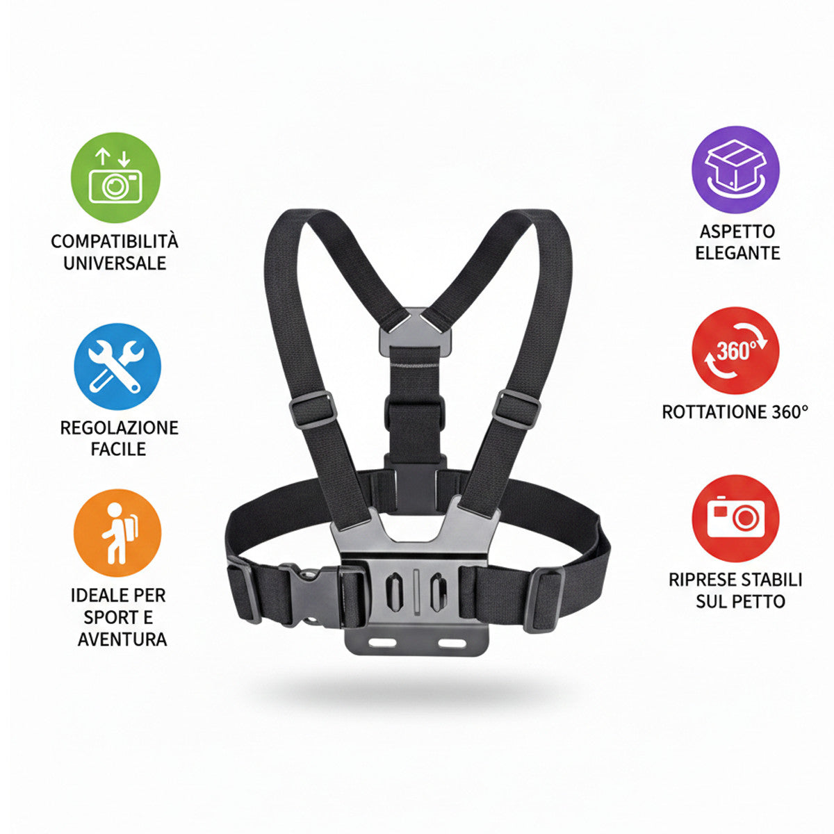 IMBRACATURA PETTO PER ACTION CAM SUPPORTO VIDEO TORACE 360° AS-08125