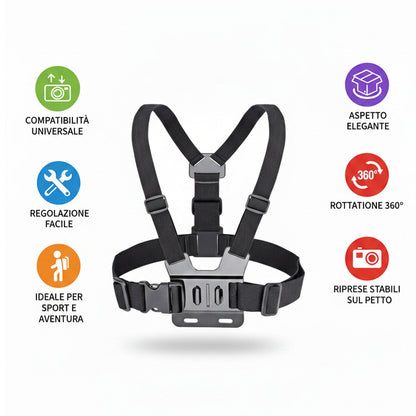 IMBRACATURA PETTO PER ACTION CAM SUPPORTO VIDEO TORACE 360° AS-08125