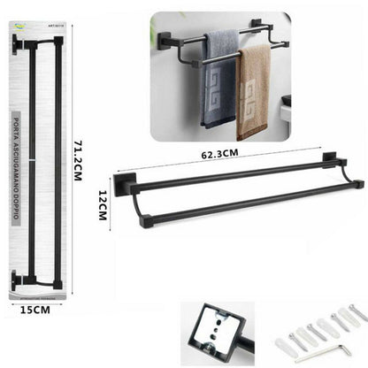PORTA ASCIUGAMANI 2 ASTE SUPPORTO PER BAGNO DA MURO ASTA CASA NERO 02110