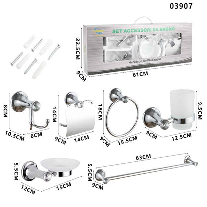 KIT COMPLETO 6 ACCESSORI BAGNO ASTA SAPONE WC GANCIO PORTA ASCIUGAMANO 03907