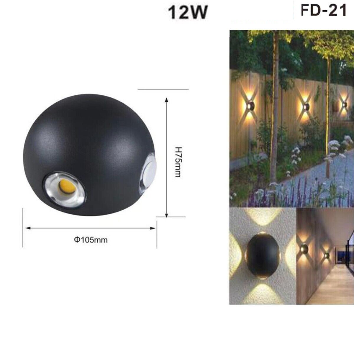 APPLIQUE LED 4 COB LAMPADA PARETE ROTONDO 12W NERO CALDO 3000K ESTERNO FD-21*