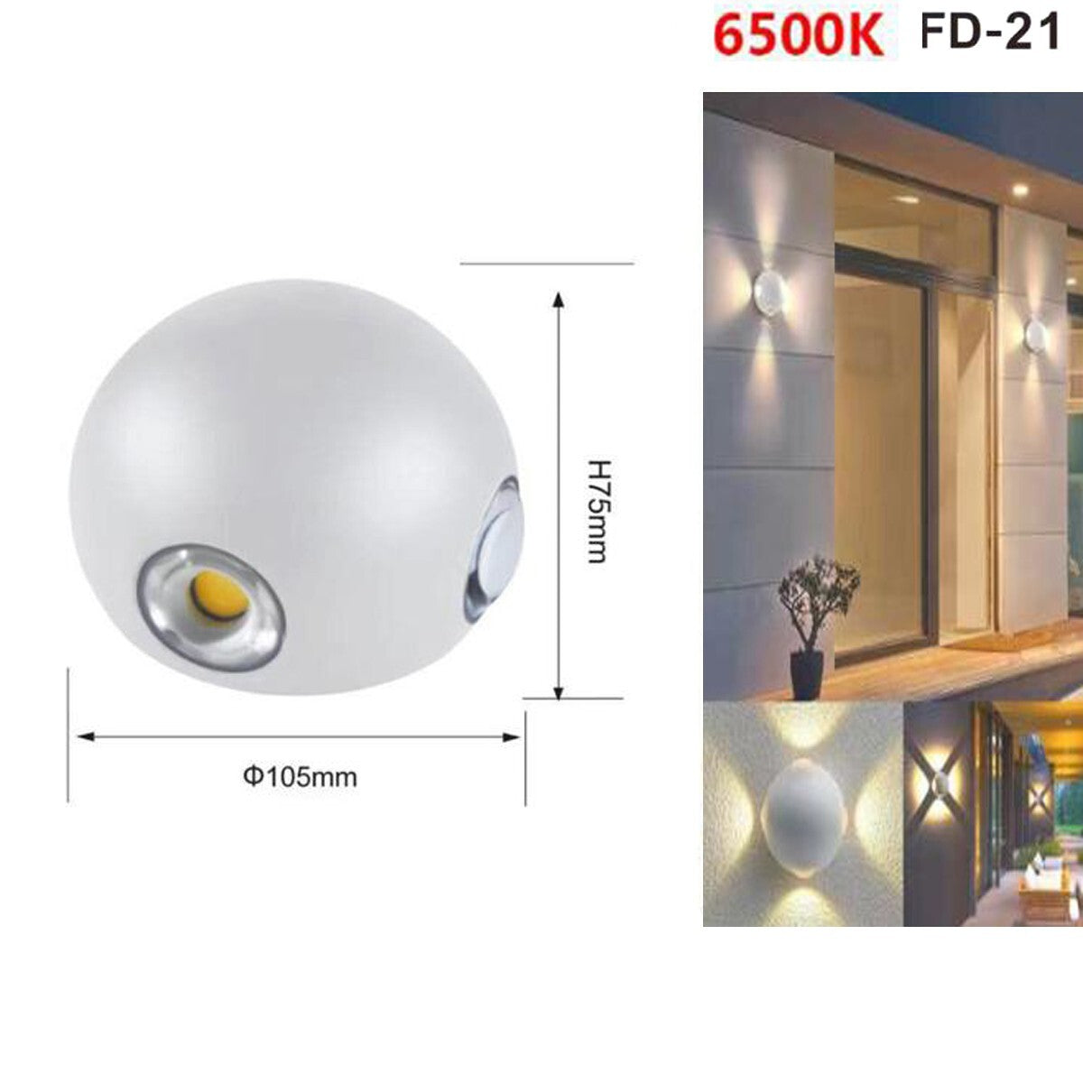 APPLIQUE LED 4 COB LAMPADA PARETE ROTONDO BIANCO FREDDO 6500K 12W ESTERNO FD-21*