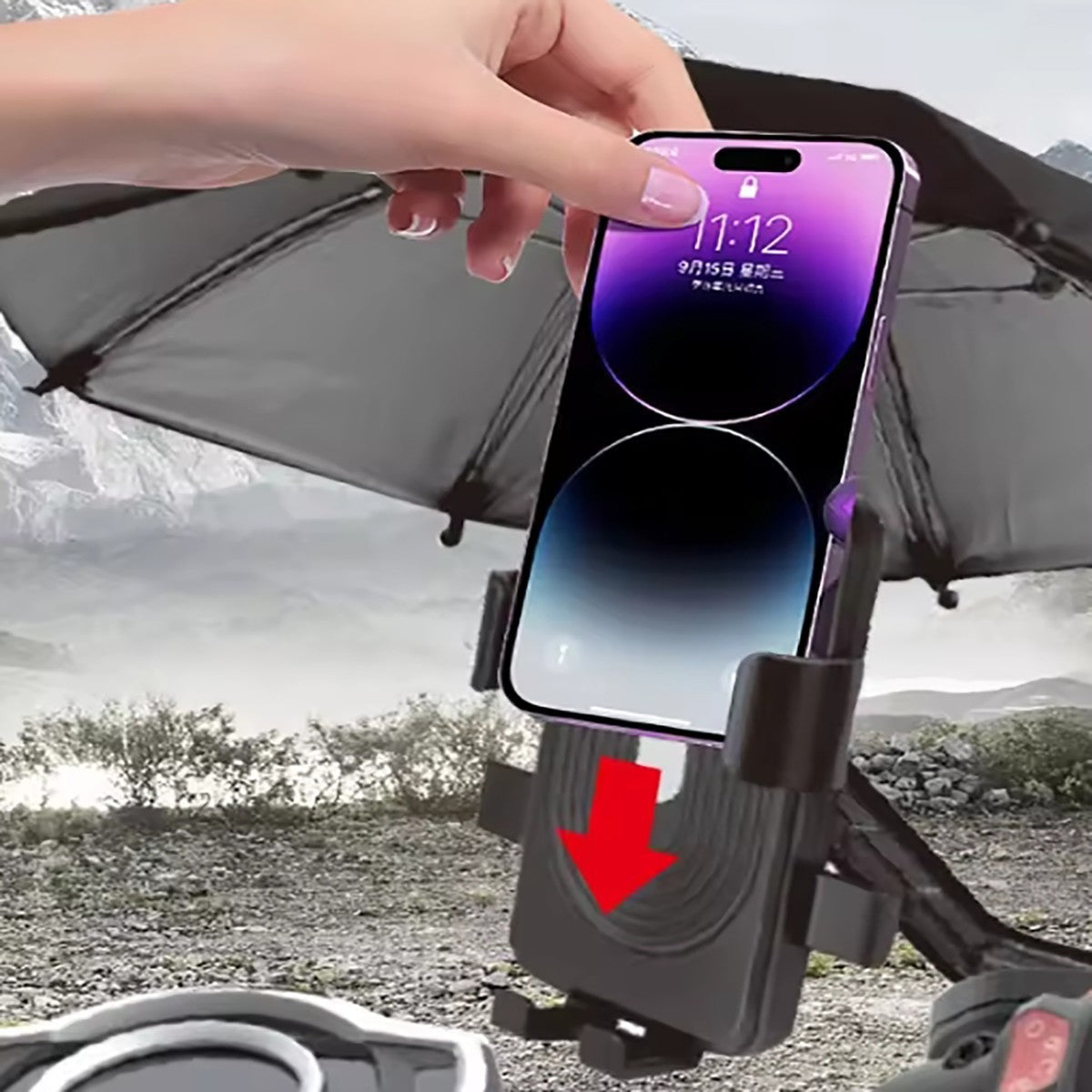 SUPPORTO PER CELLULARE CON OMBRELLO PARASOLE PER MOTO BICI SCOOTER AS-07130