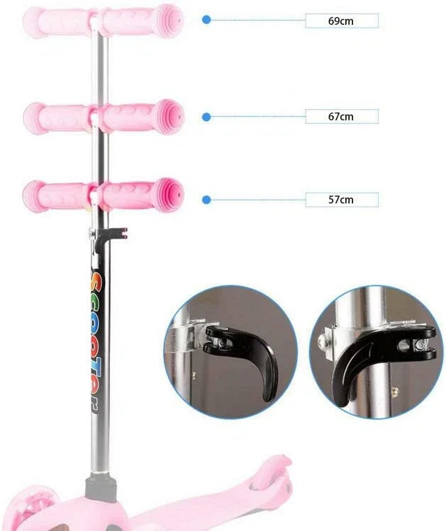 Dreirad-Roller für Kinder Höhenverstellbar Bremse Lichter (Fuchsia)