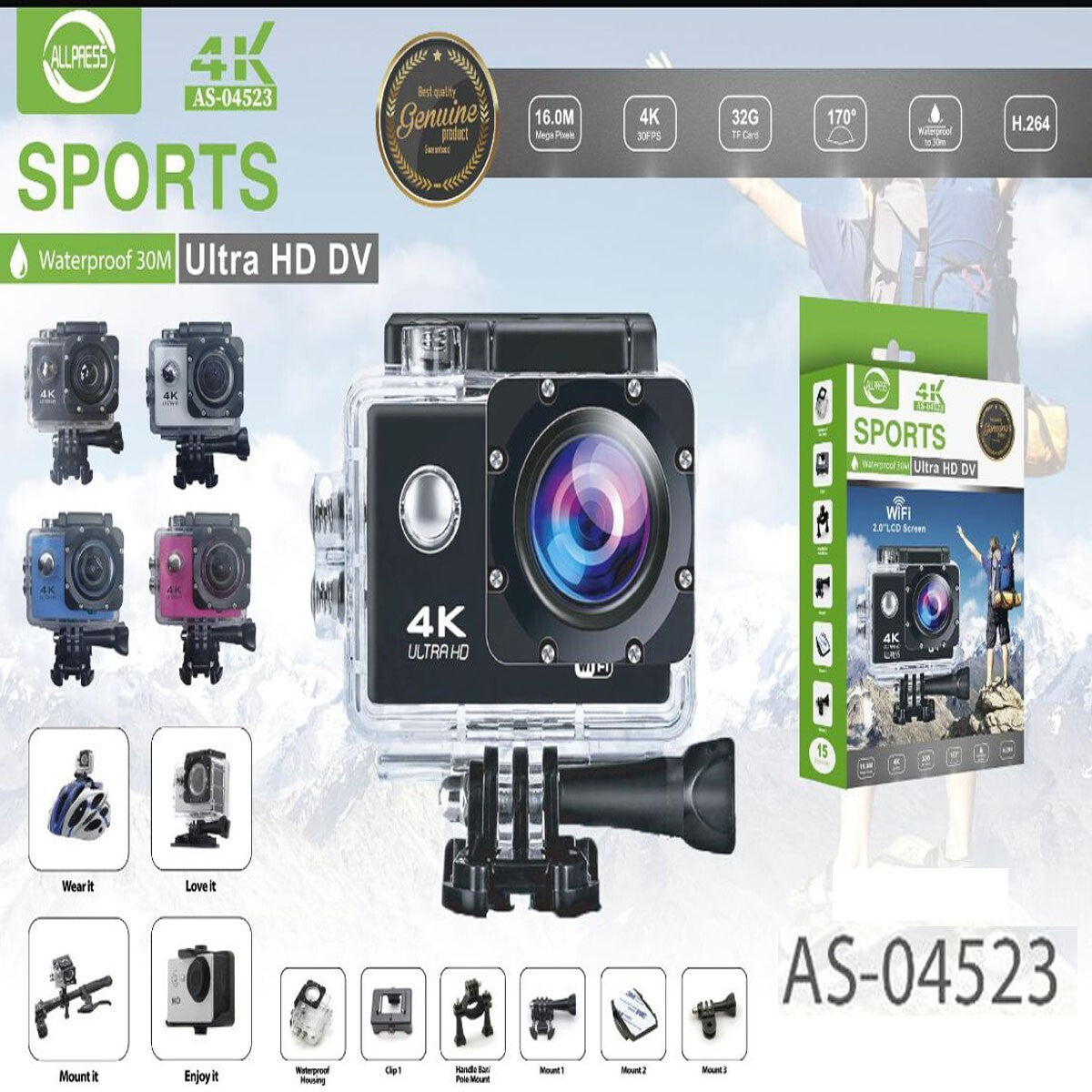 ACTION CAM 4K SPORTS ULTRA HD DV 30 METRI 16 Mp CAMERA FOTOCAMERA WATERPROOF