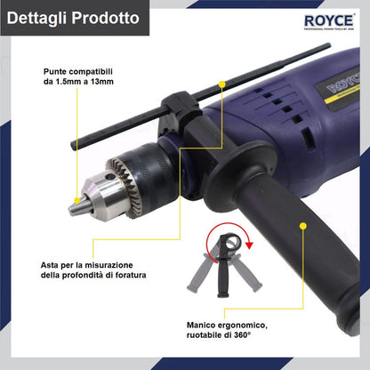 TRAPANO A PERCUSSIONE ROYCE RID-650 650W REVERSIBILE MANDRINO 1,5-13MM RE10222