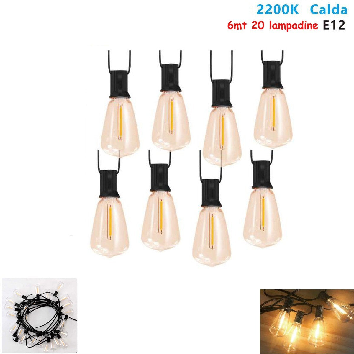 CATENARIA CATENA LUMINOSA 6MT CON 20 LAMPADINE E12 ESTERNO LUCE CALDA 2200K