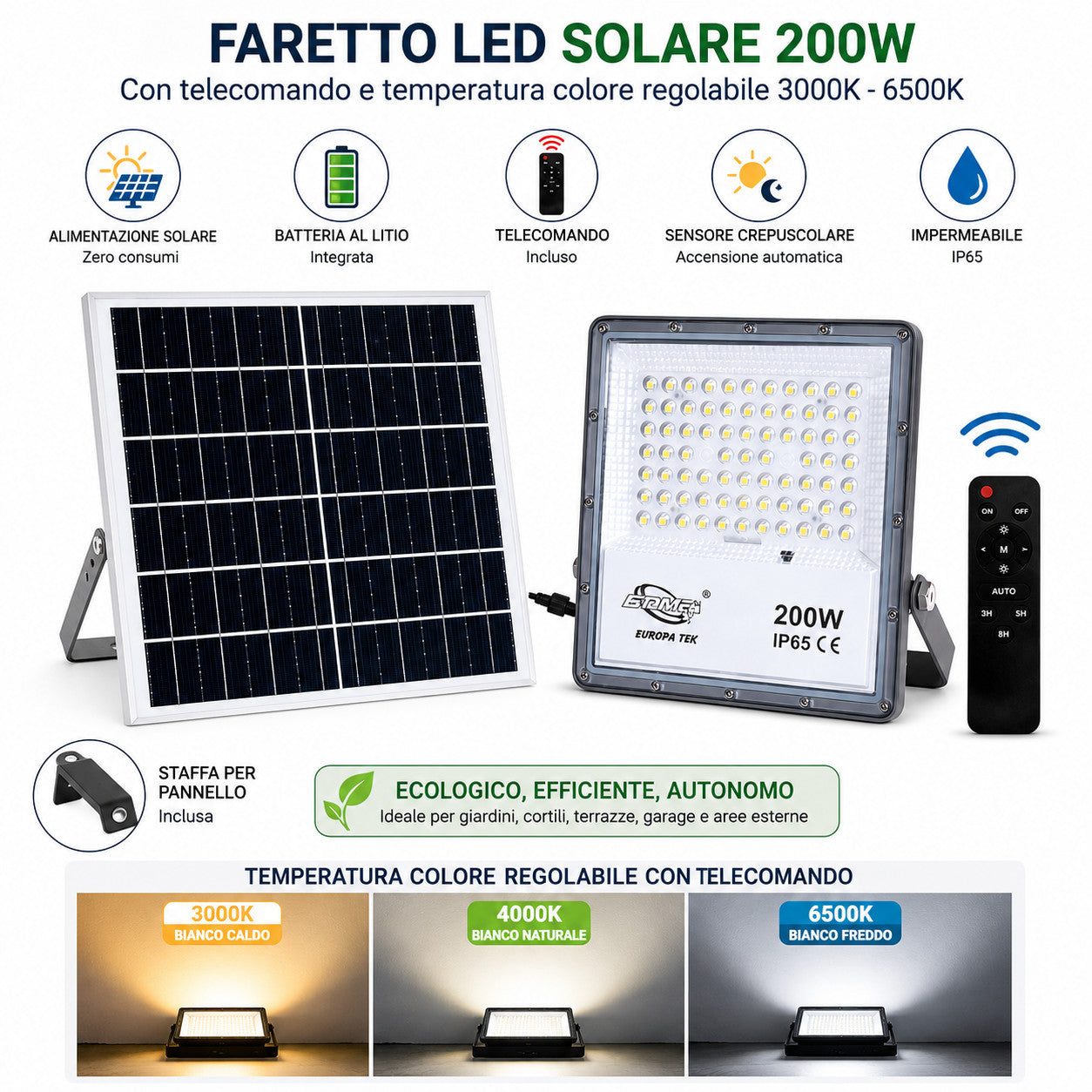FARO LED FARETTO PANNELLO SOLARE CREPUSCOLARE TELECOMANDO DA 3000K A 6500K 200w