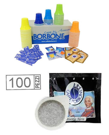 100 CIALDE CAFFE' BORBONE MISCELA NERA NERO ESE 44 MM CON KIT ACCESSORI GUSTO