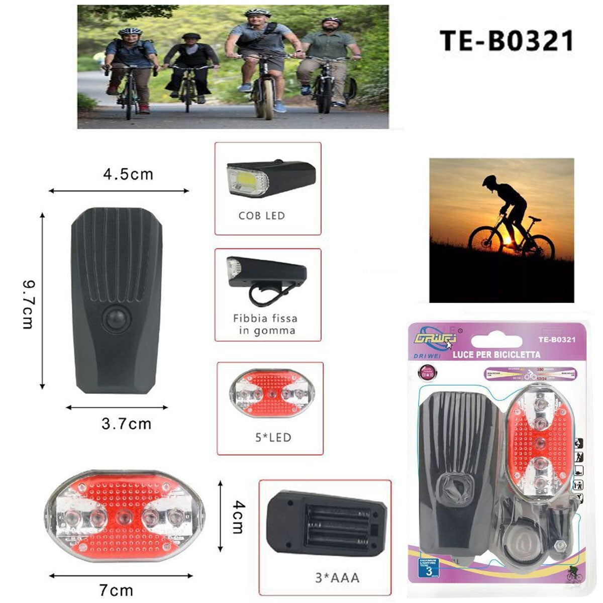 LUCE ANTERIORE POSTERIORE LED COB BATTERIA BICI CICLO BICICLETTA BIANCO TE-B0321
