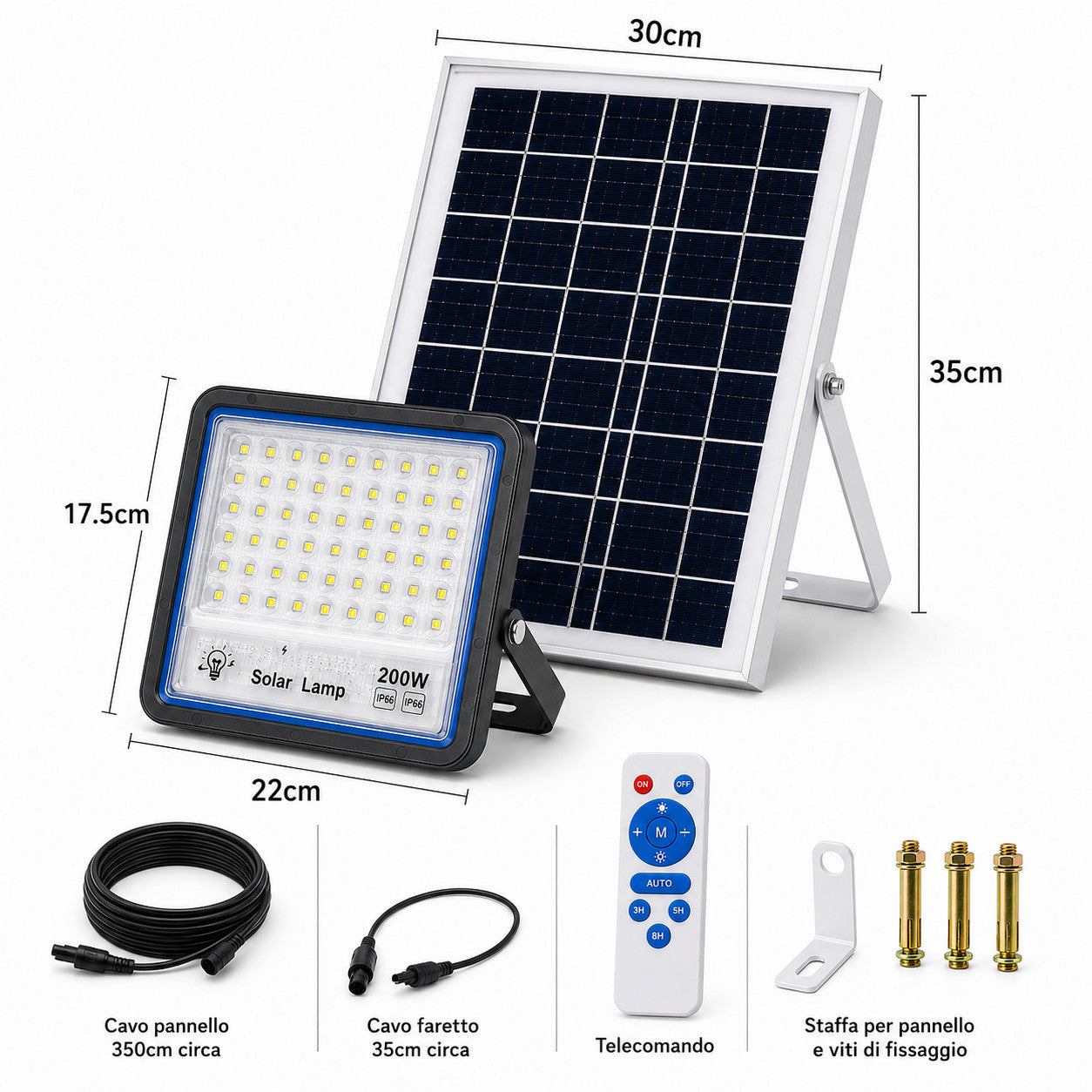 FARO LED FARETTO ALTA LUMINOSITA' PANNELLO SOLARE CREPUSCOLARE TELECOMANDO 200W