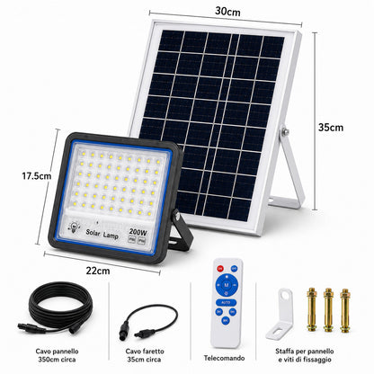 FARO LED FARETTO ALTA LUMINOSITA' PANNELLO SOLARE CREPUSCOLARE TELECOMANDO 200W