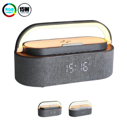 SPEAKER LAMPADA DA TAVOLO RICARICA WIRELESS PORTATILE LUCE RGB LED 15W OROLOGIO