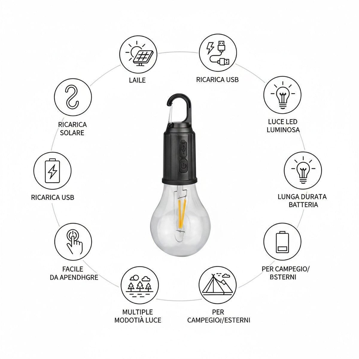 LAMPADA LED CAMPEGGIO SOLARE USB RICARICABILE GANCIO PORTATILE LUCE EMERGENZA 32