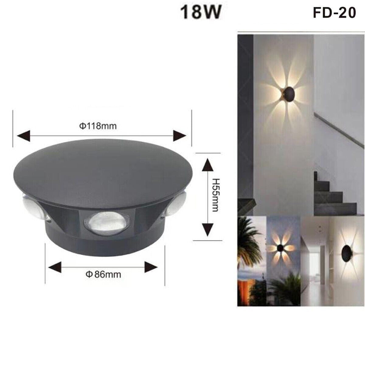 APPLIQUE LED 6 COB LAMPADA PARETE ROTONDO 18W NERO NATURALE 3000K ESTERNO FD-20*