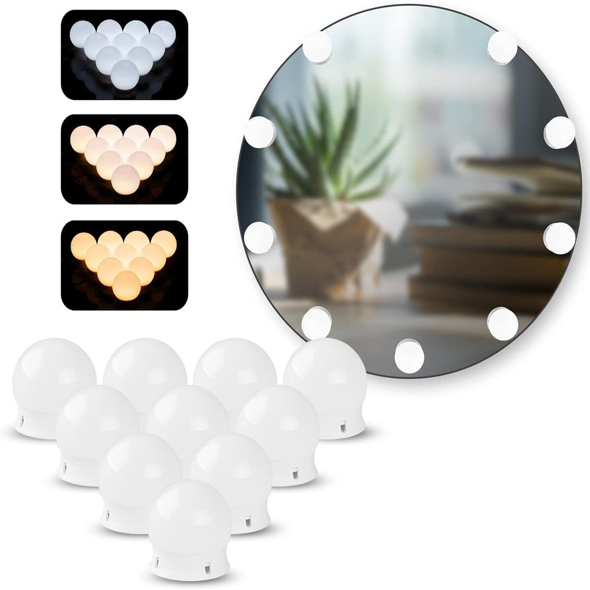 LUCI DA SPECCHIO TRUCCO STILE HOLLYWOOD KIT 10PZ LAMPADINE LED DIMMERABILI