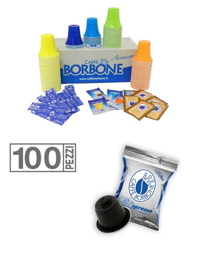 100 CAPSULE CIALDE CAFFE' BORBONE MISCELA BLU RESPRESSO KIT ACCESSORI NESPRESSO