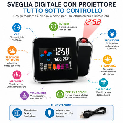 SVEGLIA DIGITALE DA COMODINO CON PROIETTORE LASER IGROMETRO OROLOGIO DATA JS-016