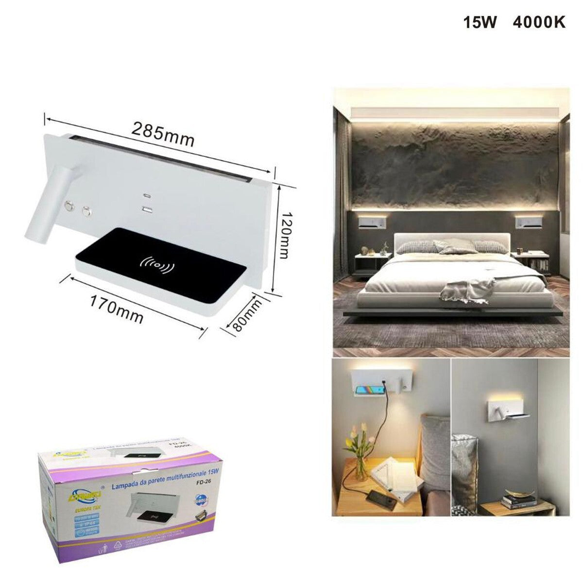 COPPIA APPLIQUE LUCI COMODINO PARETE LED 4000K BIANCO LETTURA RICARICA WIRELESS