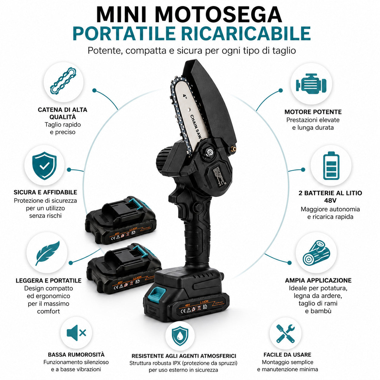 MINI SEGA ELETTRICA A BATTERIA 48V MOTOSEGA 4" CATENA POTATURA RAMI 2 BATTERIE