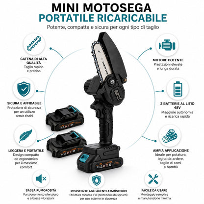 MINI SEGA ELETTRICA A BATTERIA 48V MOTOSEGA 4" CATENA POTATURA RAMI 2 BATTERIE