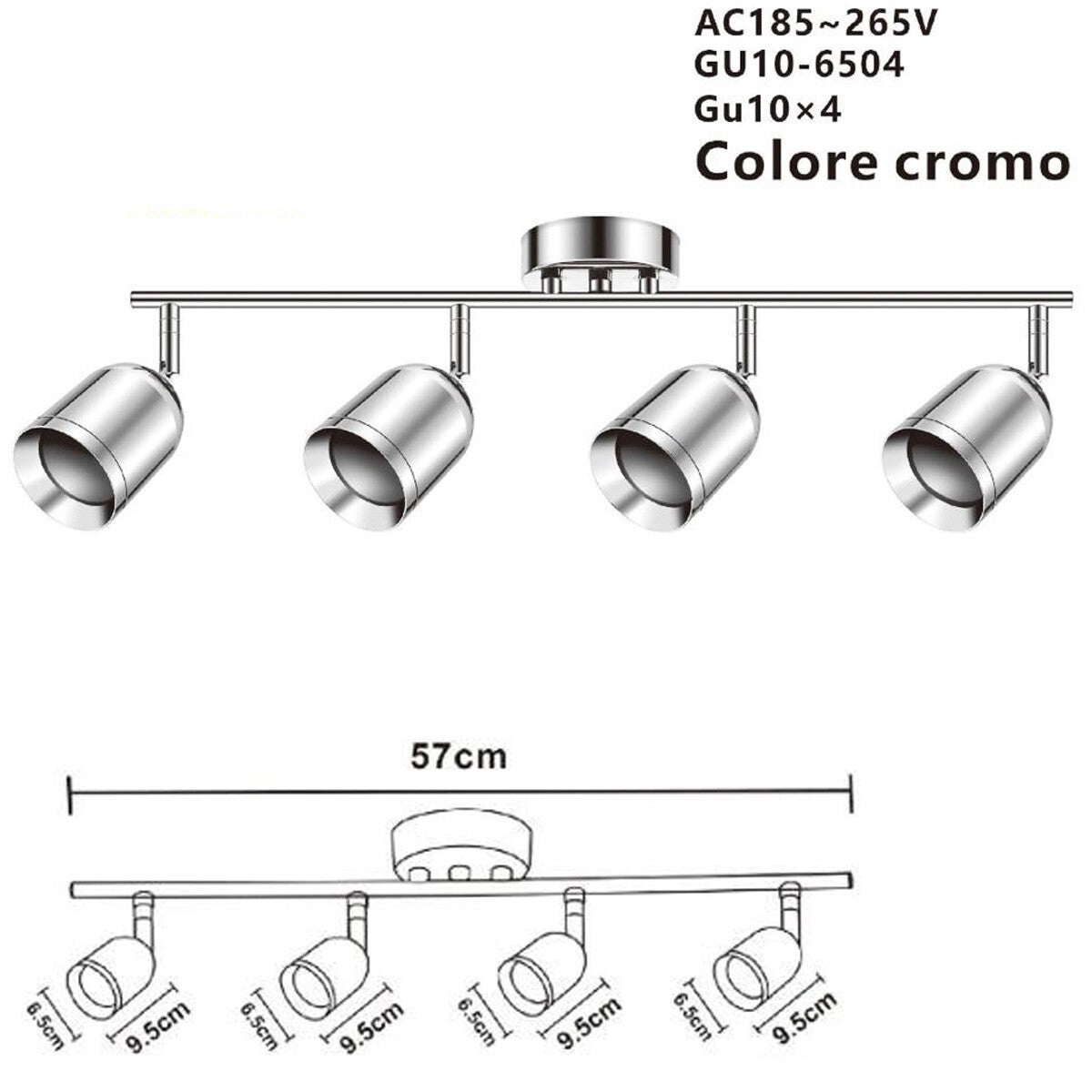 APPLIQUE 4 FARETTI 6.5*9.5CM SOFFITTO PLAFFONIERA ORIENTABILI GU10 LED CROMATO