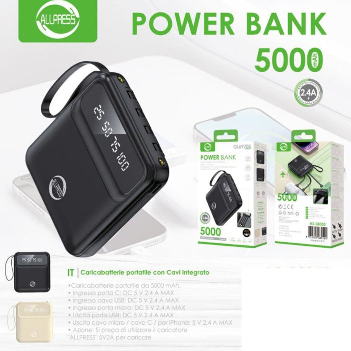 POWER BANK 5000 MAH DISPLAY LED CAVI INTEGRATI USB MICRO USB TYPE C smartphon