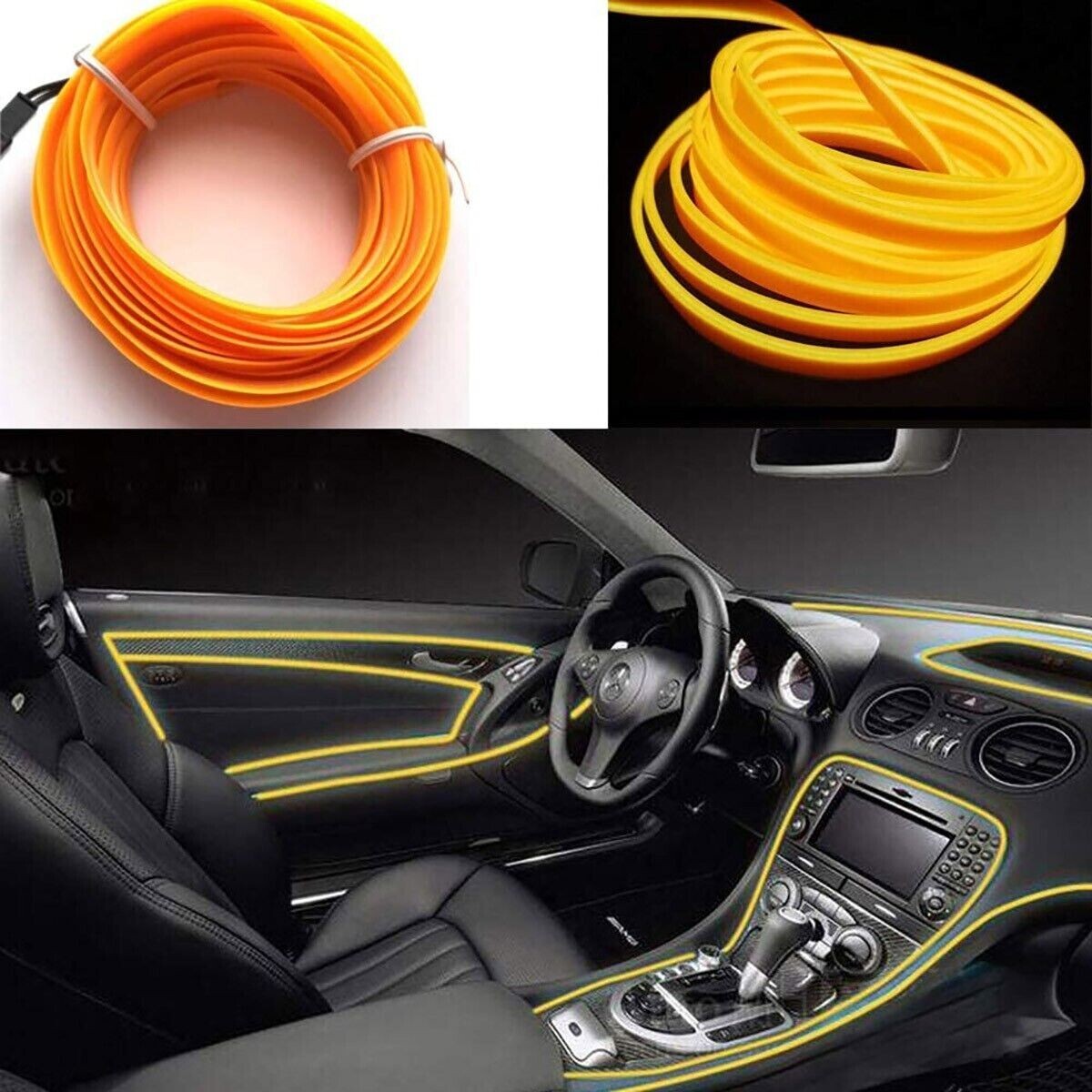 STRISCIA INTERNI LUCE AUTO FIBRA OTTICA 12V DECORAZIONE FILO 3MT GIALLO 47